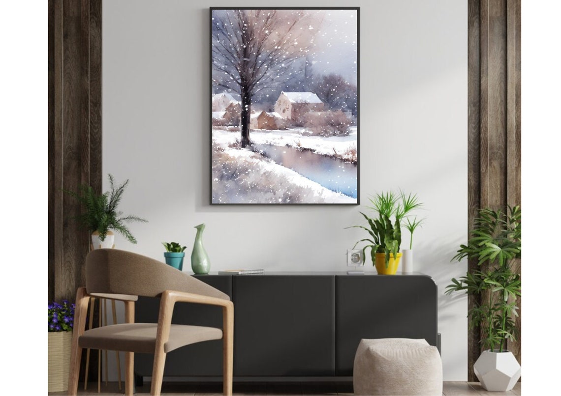 Vermont Painting Winter Country Landscape Watercolor Art Print Small Lake And House Panoramic Snowy Landscape Art Print Winter In Vermont - Image 4