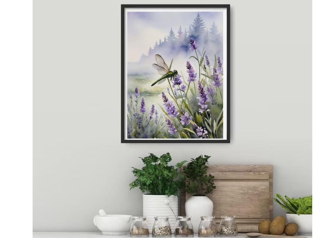 Dragonfly Painting Dragonfly And Lavender Meadow Watercolor Art Print Insect Wall Art Lavender Flowers Art Botanical Poster Floral Artwork - Image 3