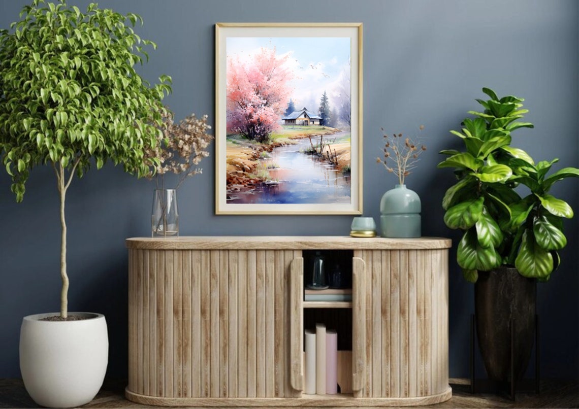 Spring Country Landscape Painting Vermont Watercolor Art Print Cherry Blossom Tree Art Watercolor Farmhouse Poster Country River Wall Art - Image 5