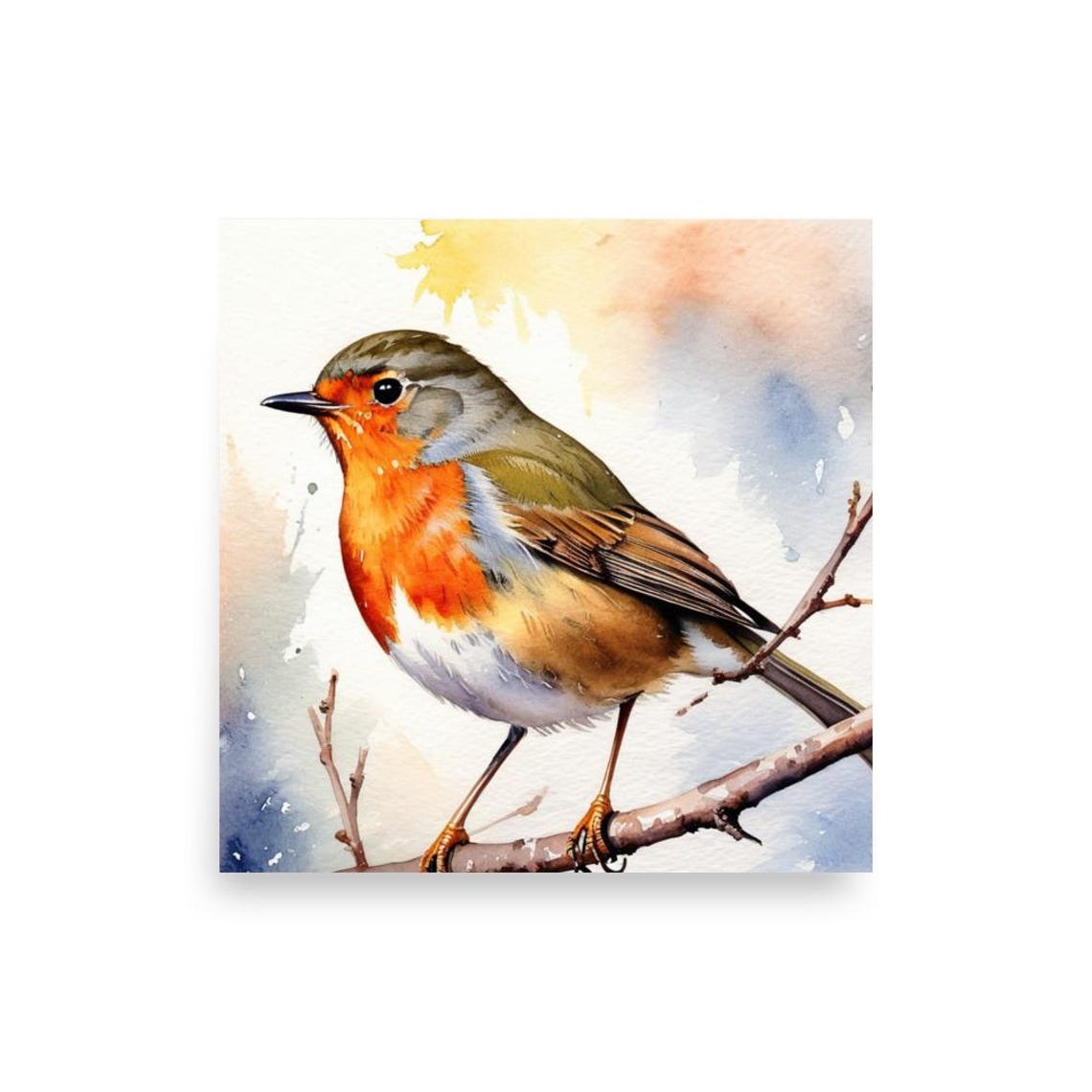 European Robin Perched On A Branch Facing Left Watercolor Poster - Image 4