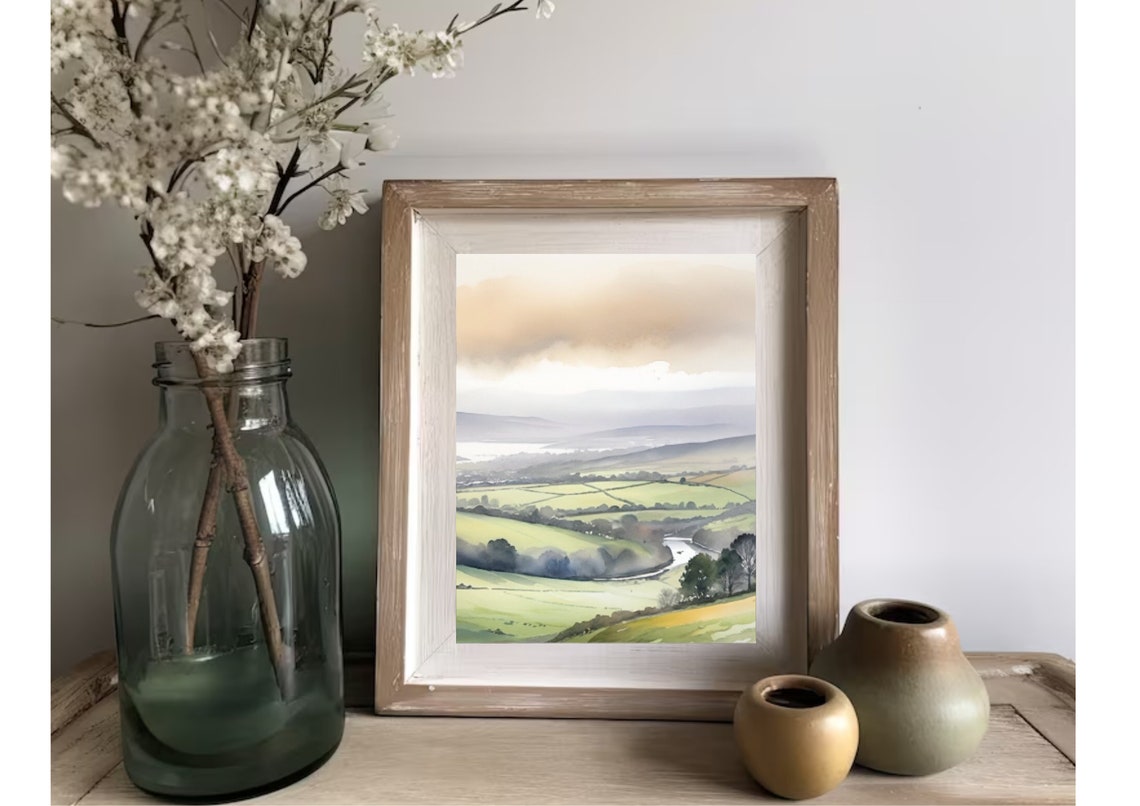 Ireland Painting Irish Foggy Landscape Watercolor Art Print Ireland Panoramic Country Landscape Wall Art Smoky Irish Green Hills Nature Art - Image 2