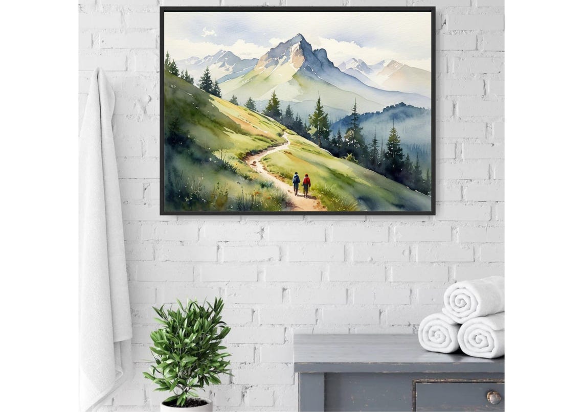 Two Hikers on Alpine Trail Watercolor Mountain Adventure Poster - Image 5