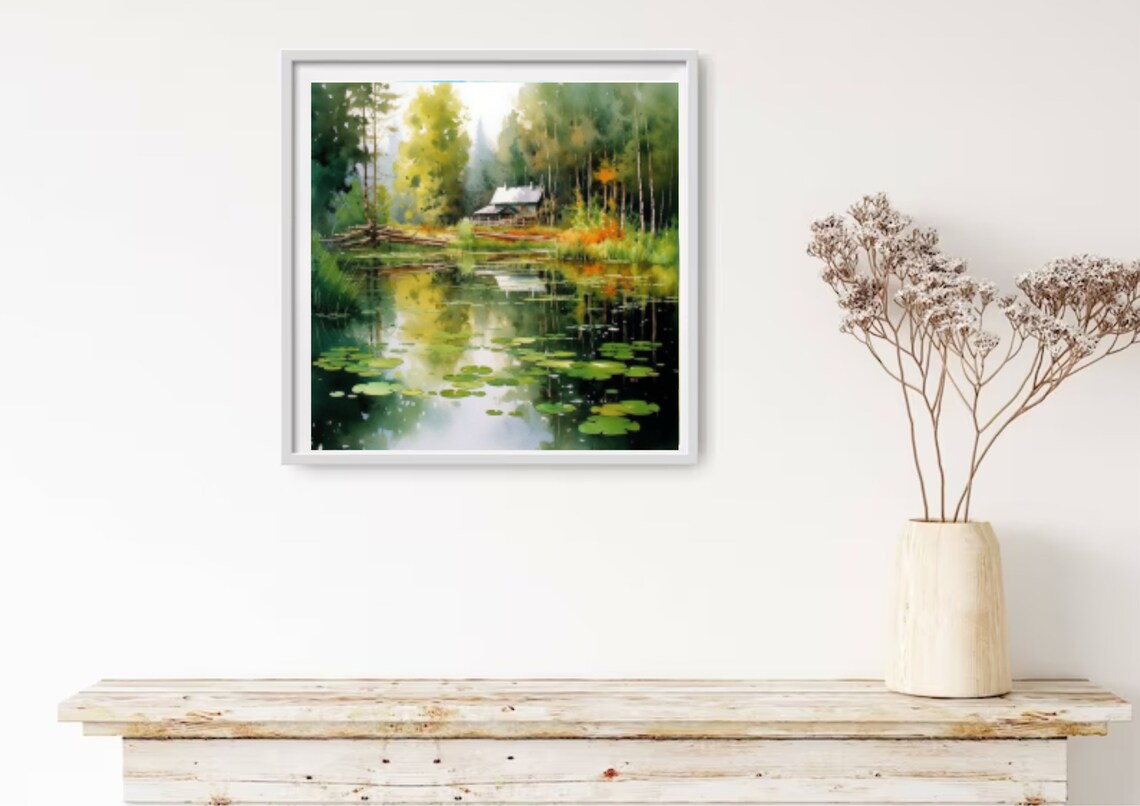 Forest Lake Cabin Reflections Lily Pads Peaceful Watercolor Poster - Image 3