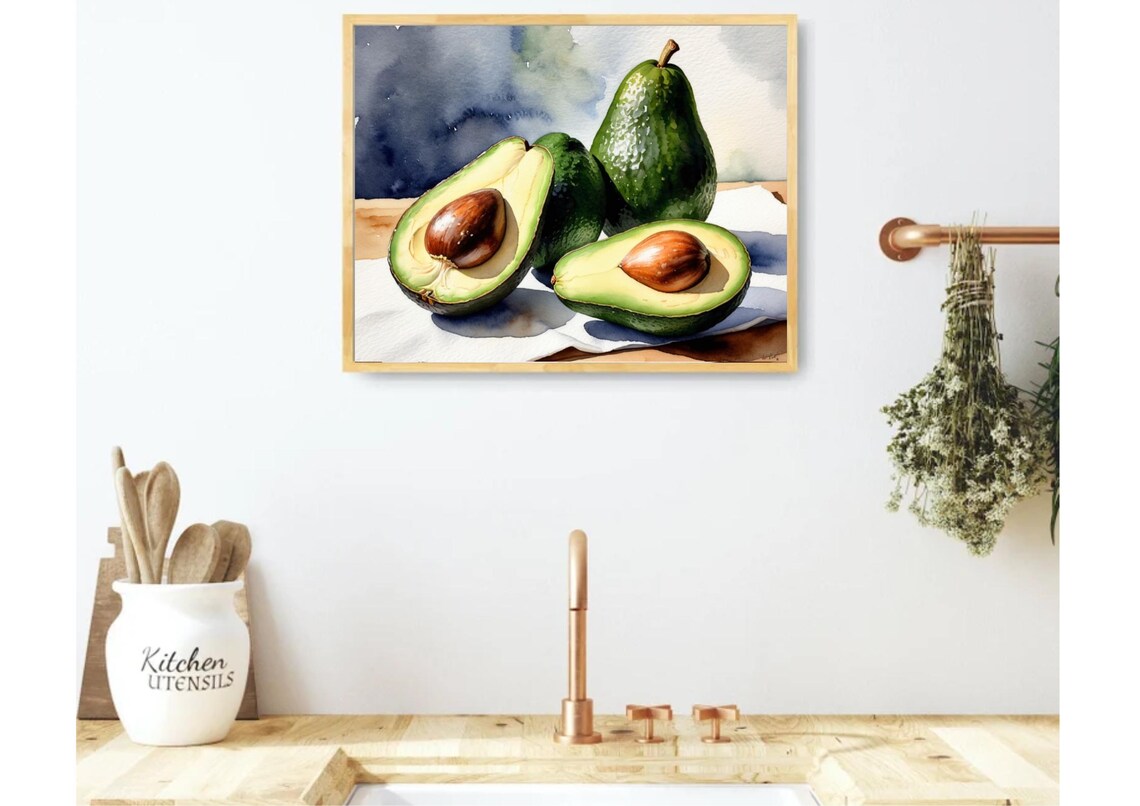 Avocado Halves And Whole Avocados Watercolor Kitchen Wall Poster - Image 5