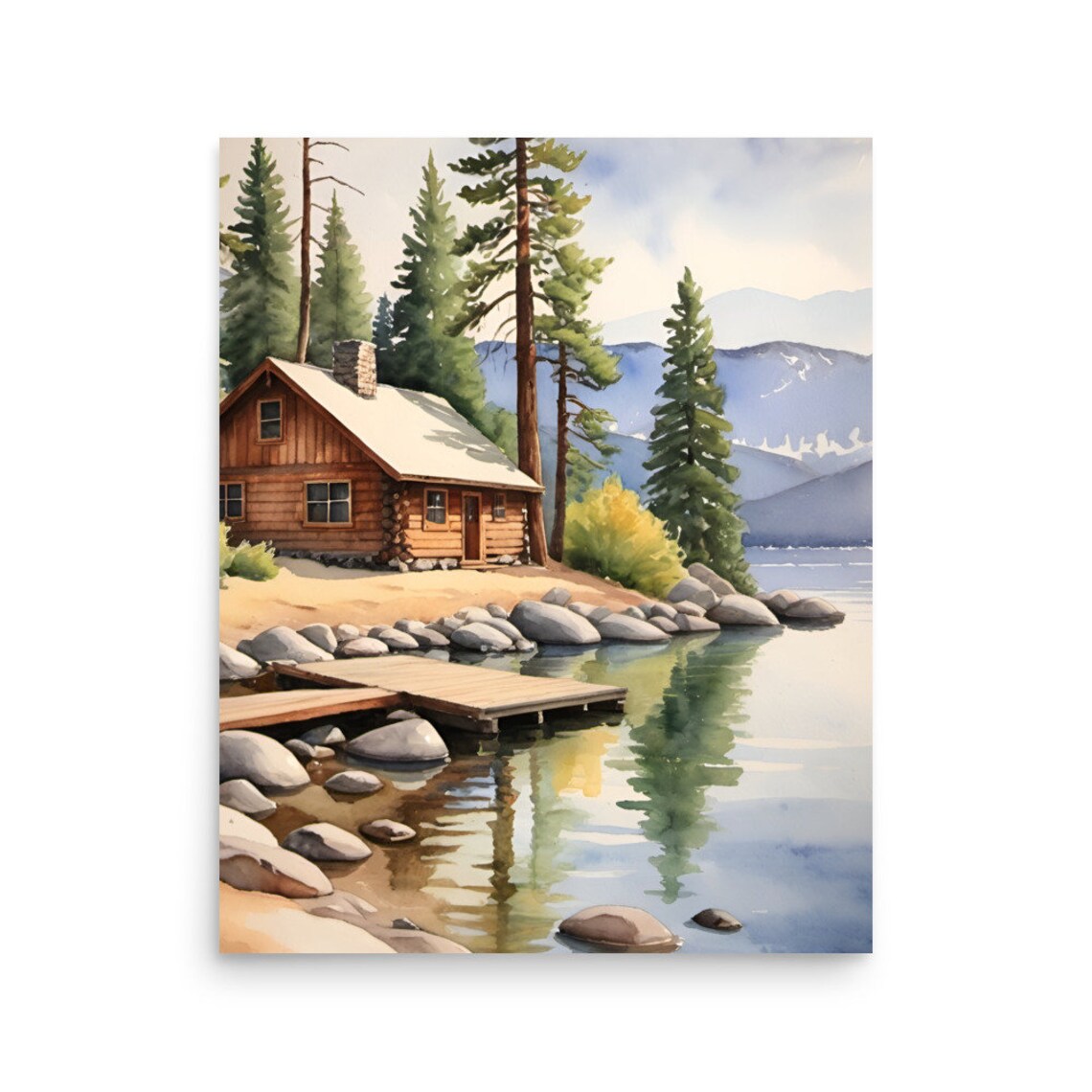Forest Cabin Painting Tahoe Lake Watercolor Art Print California Mountain Forest Landscape Wall Art Pine Trees Art Watercolor Mountain Lake