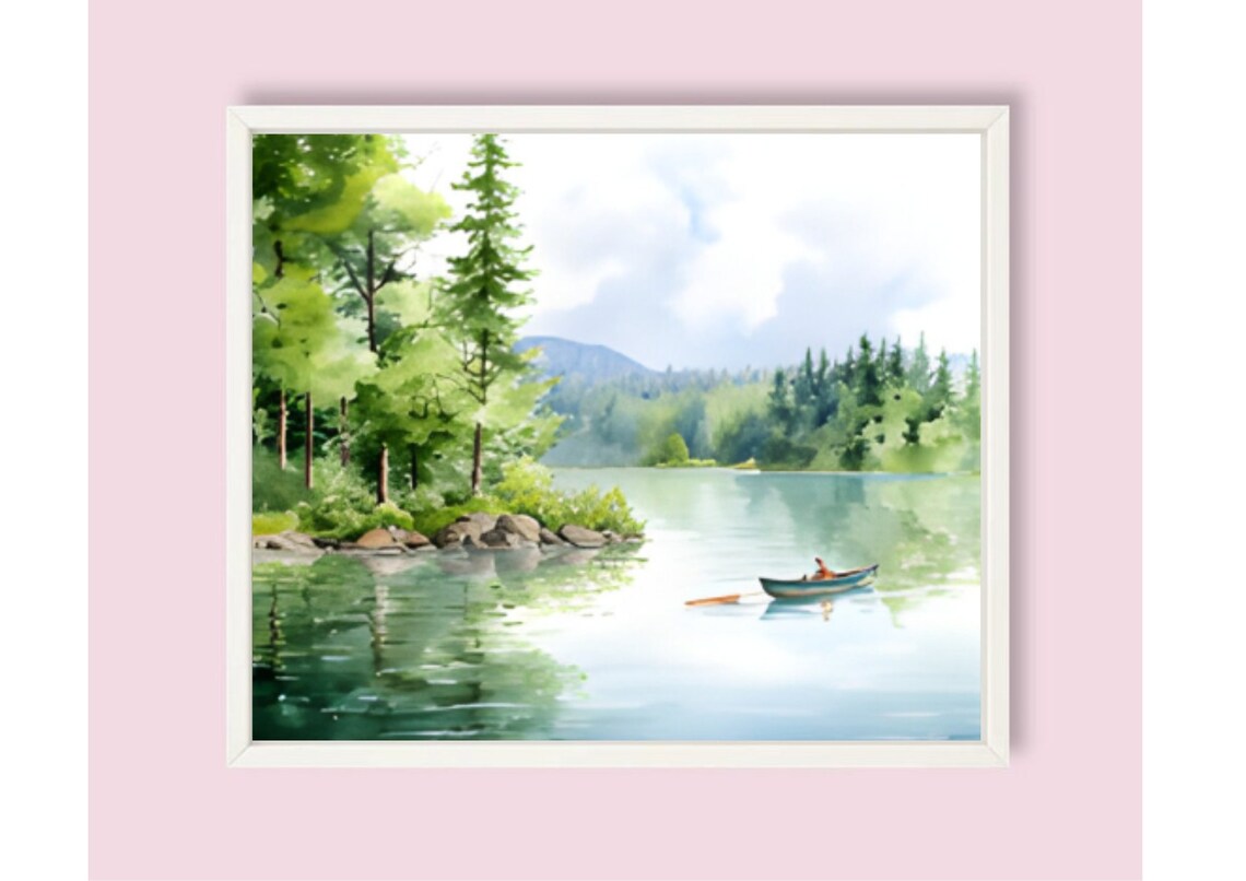 Rowboat on a Calm Green Lake Watercolor Forest Landscape Poster - Image 6