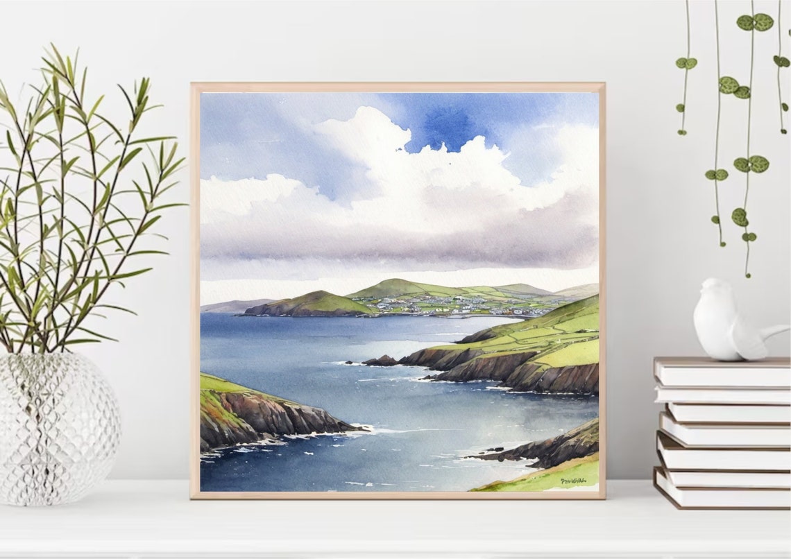 Dingle Peninsula Watercolor Painting Irish Coastal Art Print Ireland Landscape Wall Art Green Hills Art Seascape Beach Print Farmland Art - Image 4