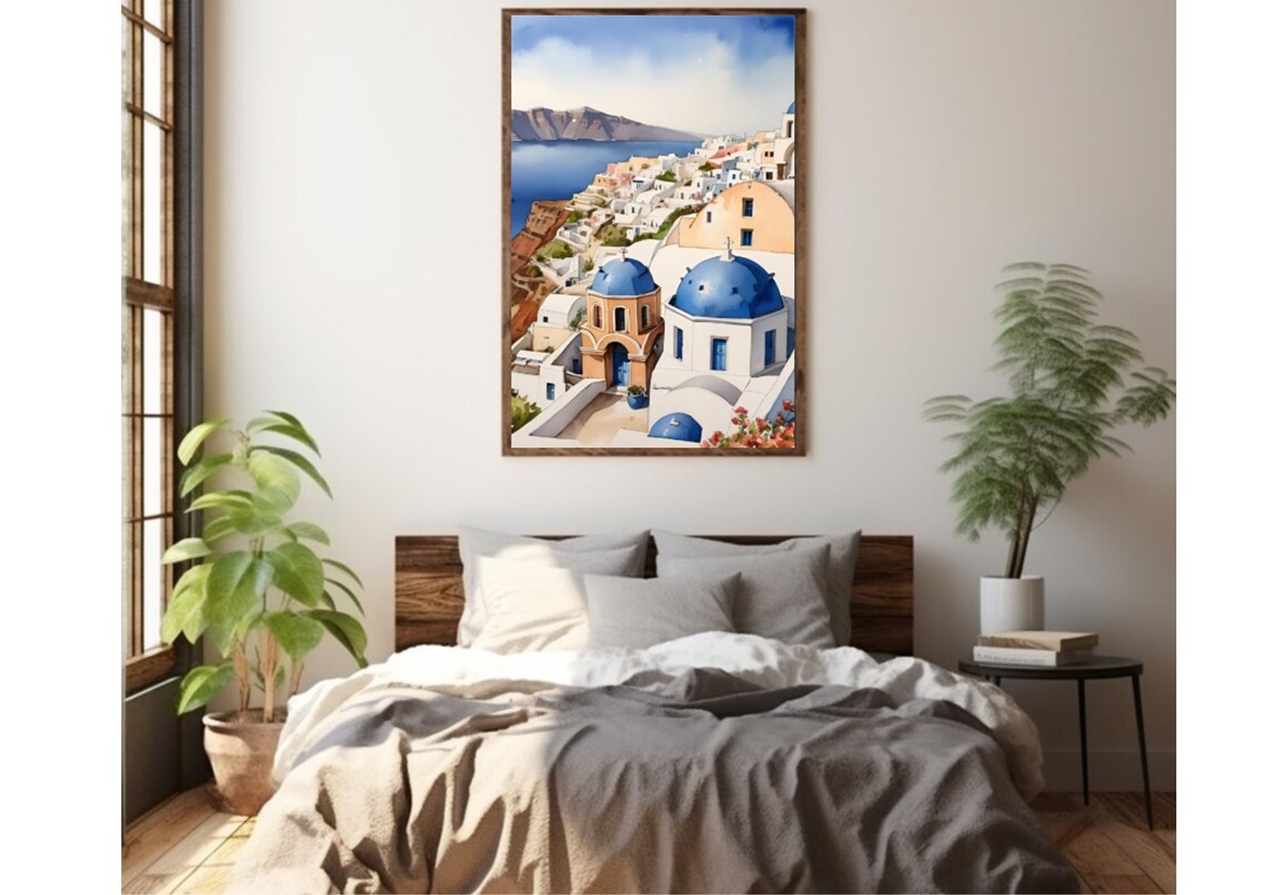 Santorini Blue Domed Churches White Buildings Watercolor Poster - Image 3