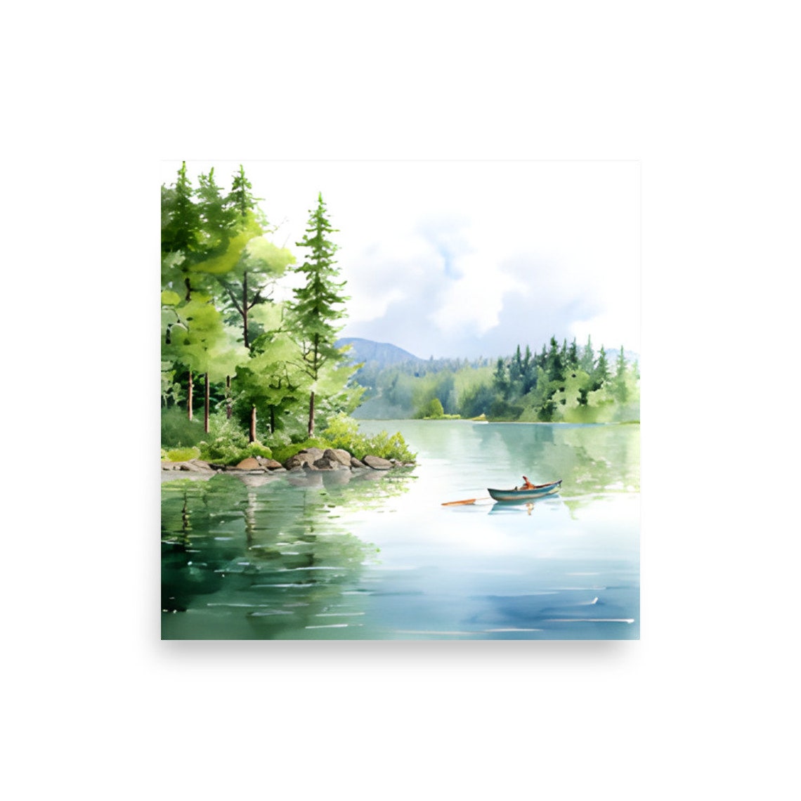 Rowboat on a Calm Green Lake Watercolor Forest Landscape Poster - Image 3