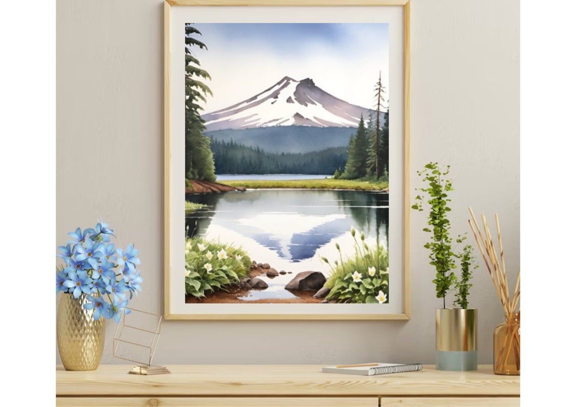 Trillium Lake Painting Mt Hood National Forest Watercolor Art Print Oregon Landscape Wall Art Mountain Lake Pine Trees And Wildflowers Print - Image 2
