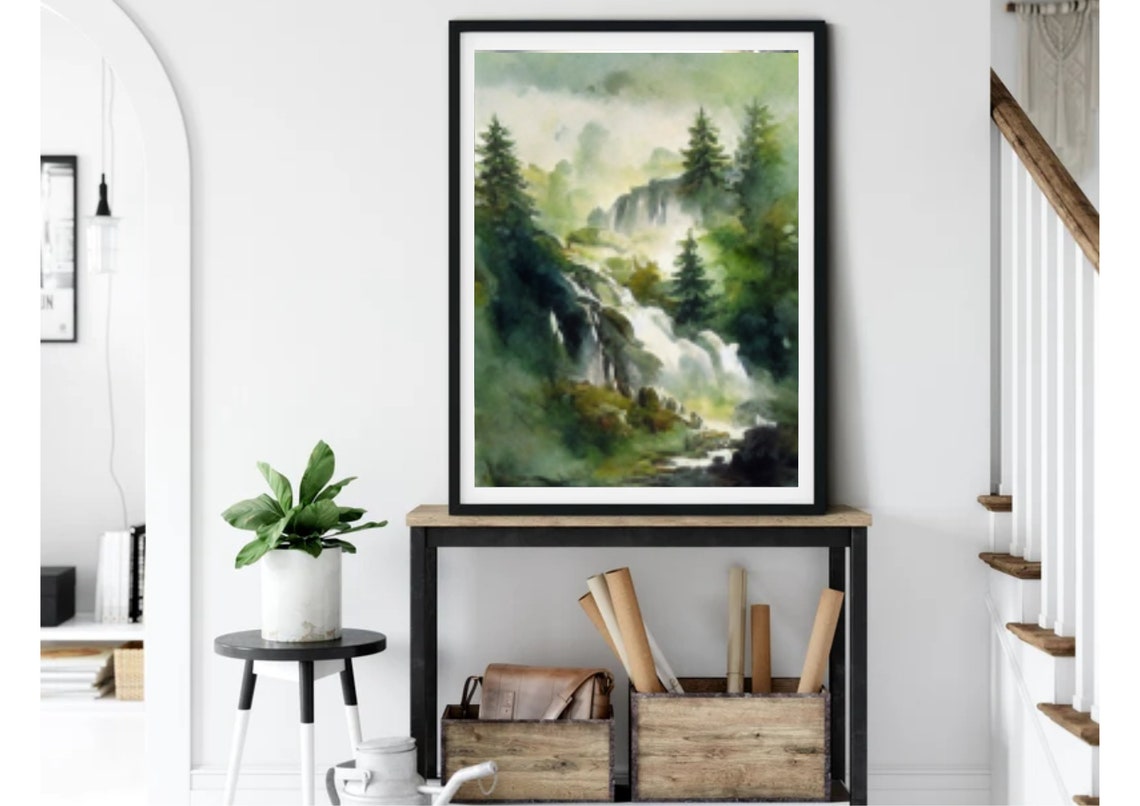 Misty Waterfall Cascading Through Foggy Green Forest Watercolor Print - Image 5