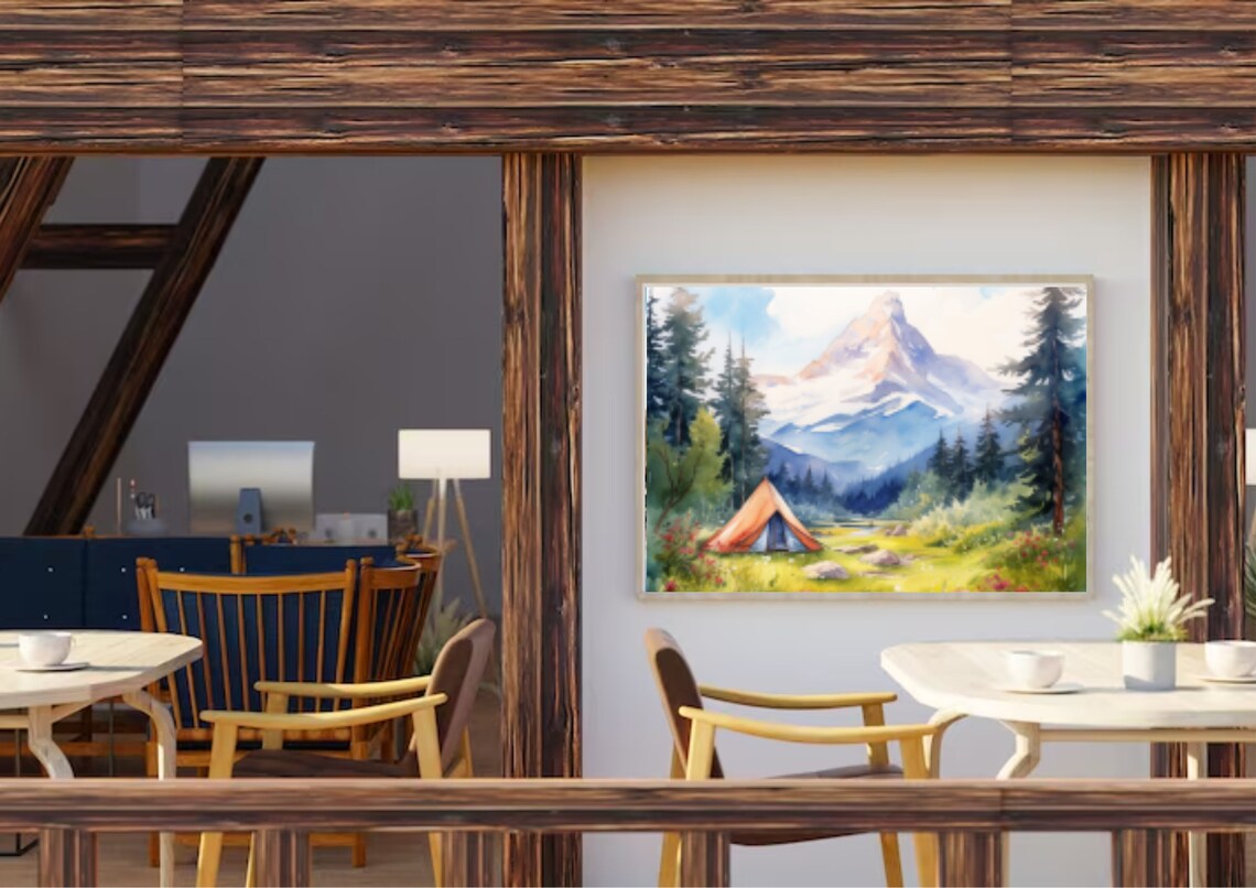 Rocky Mountains Painting Tent Camp At The Foot Of Lone Eagle Peak In Colorado Watercolor Art Print Rocky Mountain Pine Forest And Meadow Art - Image 5