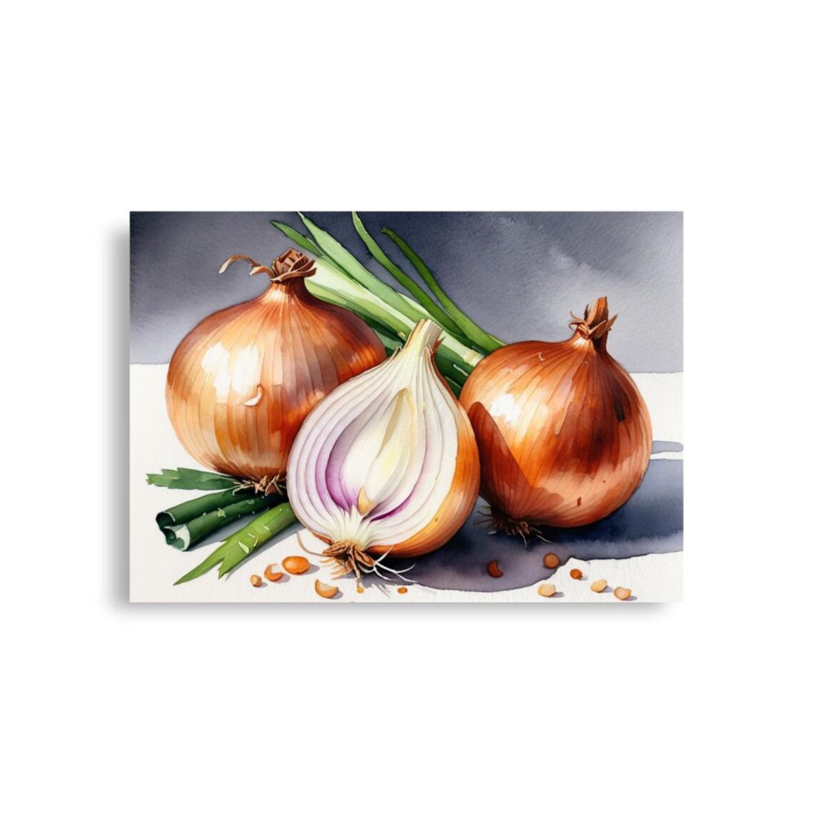Golden Onions One Halved With Green Stalks Watercolor Kitchen Poster - Image 5
