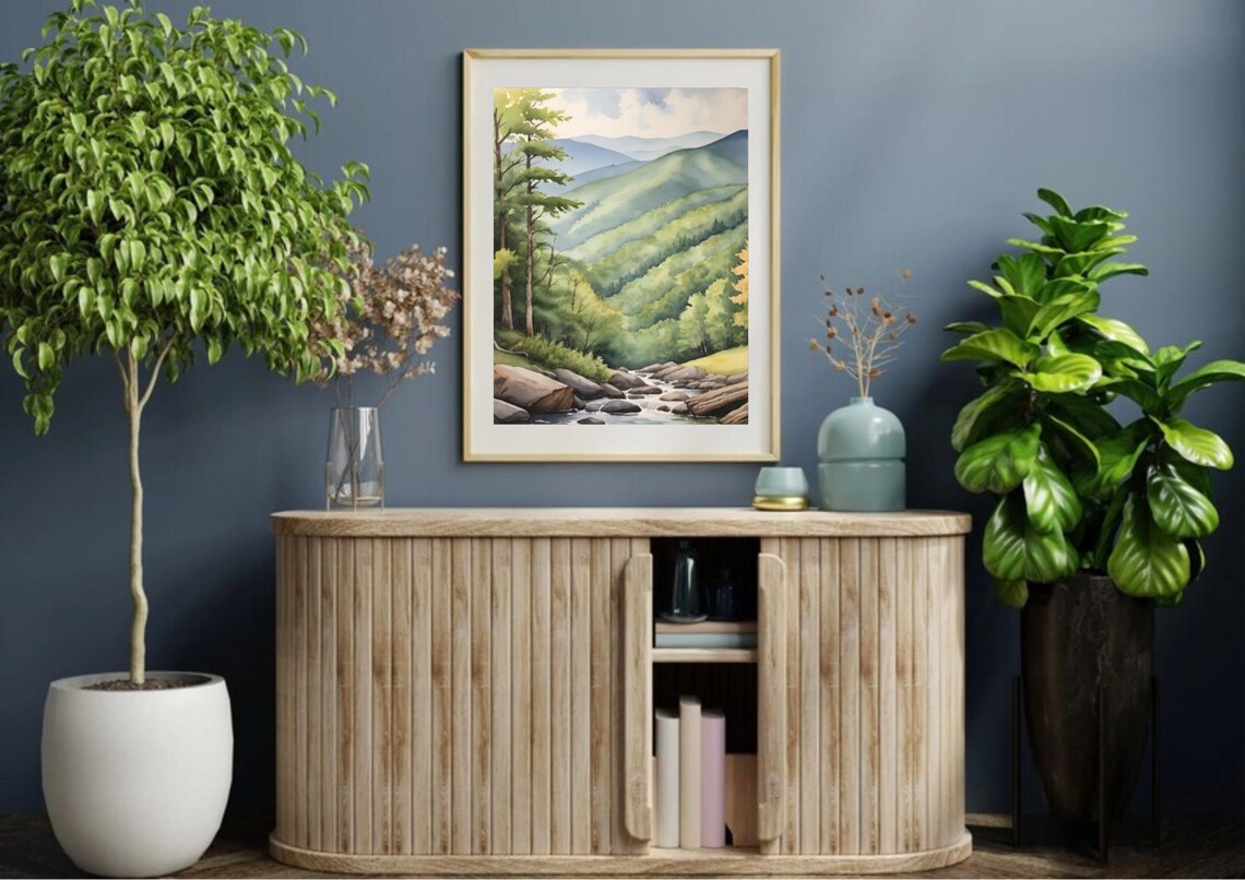 Appalachian Misty Green Mountain Valley Stream Watercolor Poster - Image 3