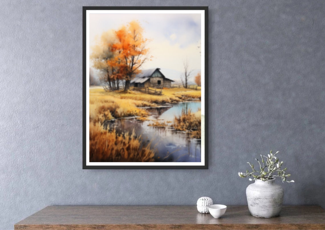 Golden Autumn Barn By Still Pond With Fiery Orange Tree Art Poster - Image 4