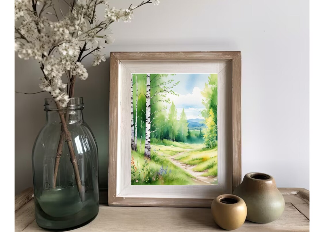 Aspen Hiking Trail in Birch Forest, Watercolor Art Print - Image 2