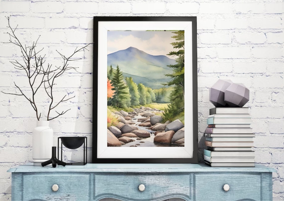 Mount Mansfield Vermont Mountain River Pine Watercolor Poster - Image 3