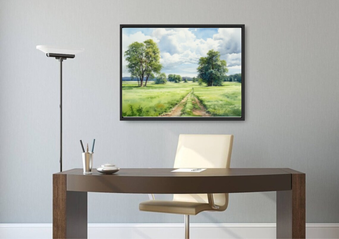 Sunny Green Meadow Path Between Two Grand Trees Watercolor Wall Art - Image 5