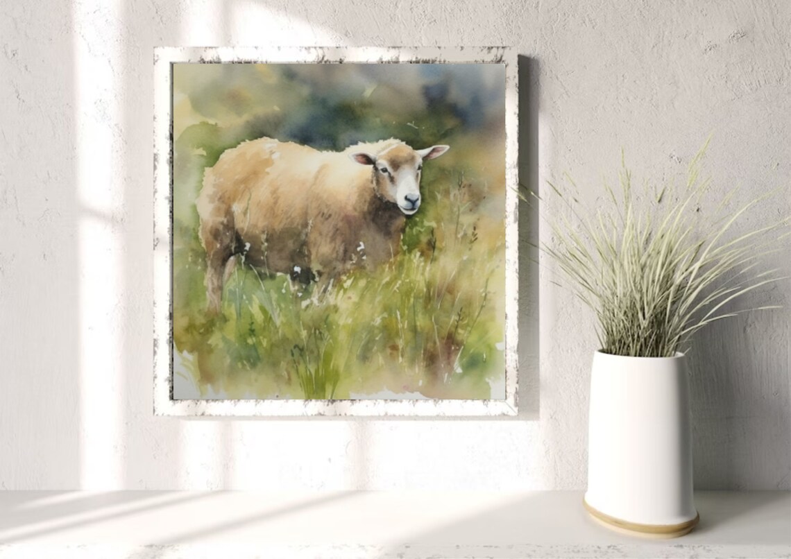 Sheep Watercolor Art Print, Farmhouse Meadow Scene - Image 2