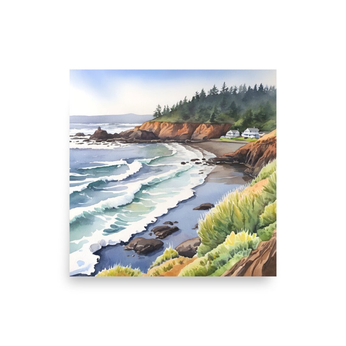 Oregon Coast Rocky Cliffs Beach Houses Watercolor Seascape Poster - Image 2