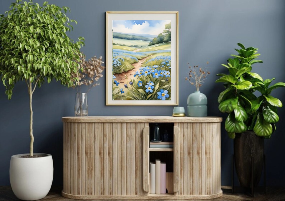 Forget Me Nots Painting Wildflowers Meadow Watercolor Art Print Alaska Landscape Wall Art Field Of Blue Flowers Large Poster Spring Wall Art - Image 2