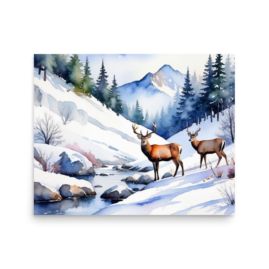 Two Deer in Snowy Mountain Winter Wonderland Watercolor Poster