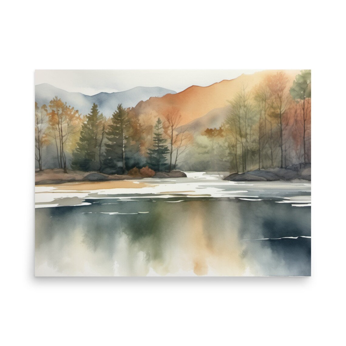 Foggy Autumn Mountain Lake Watercolor Landscape Reflection Art Poster - Image 3