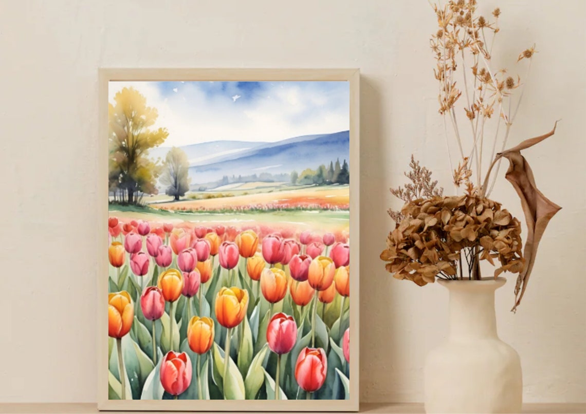 Tulips Field Painting Tulips Farm Watercolor Art Print Spring Landscape Wall Art Field Of Flowers Art Spring Flowers Print Botanical Poster - Image 4