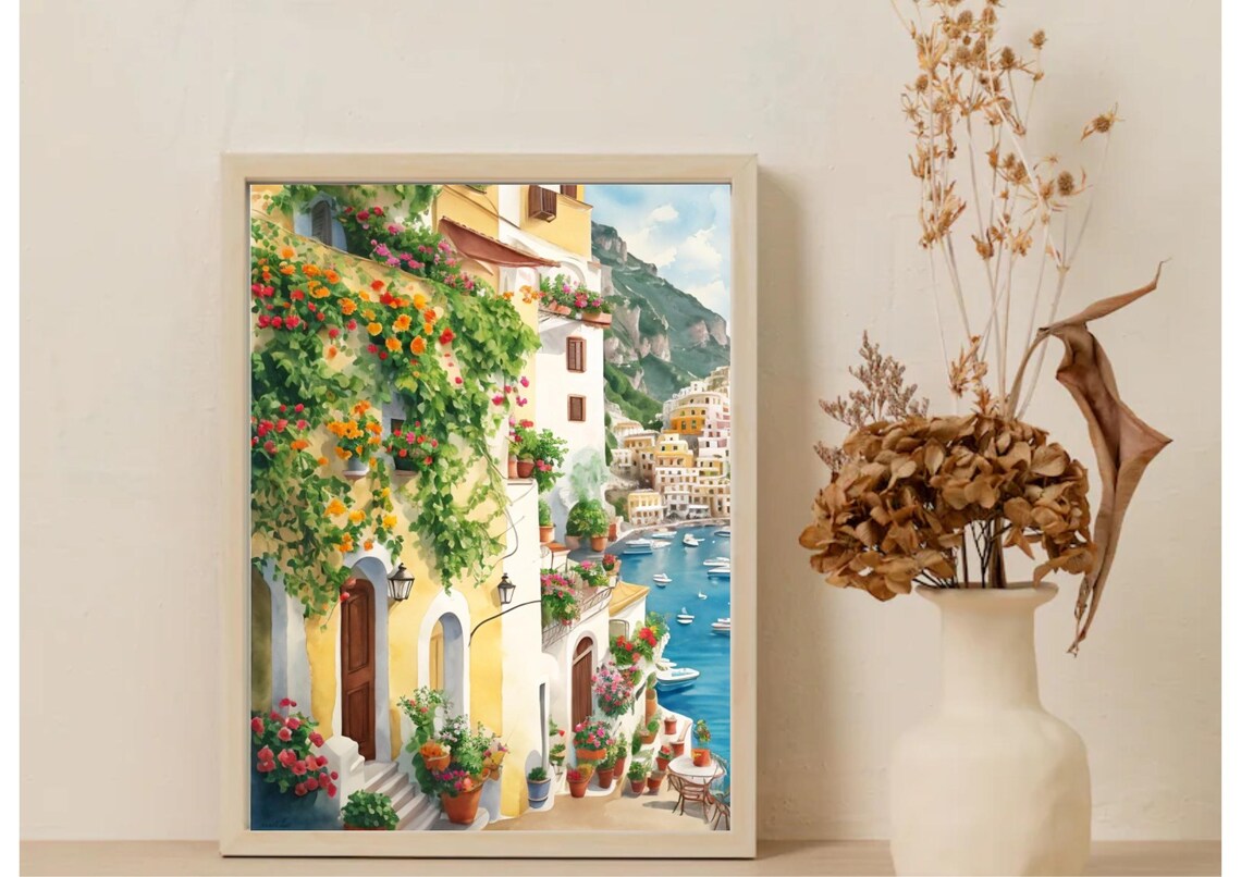 Positano Cityscape Watercolor Art Print, Amalfi Coast - Image 4