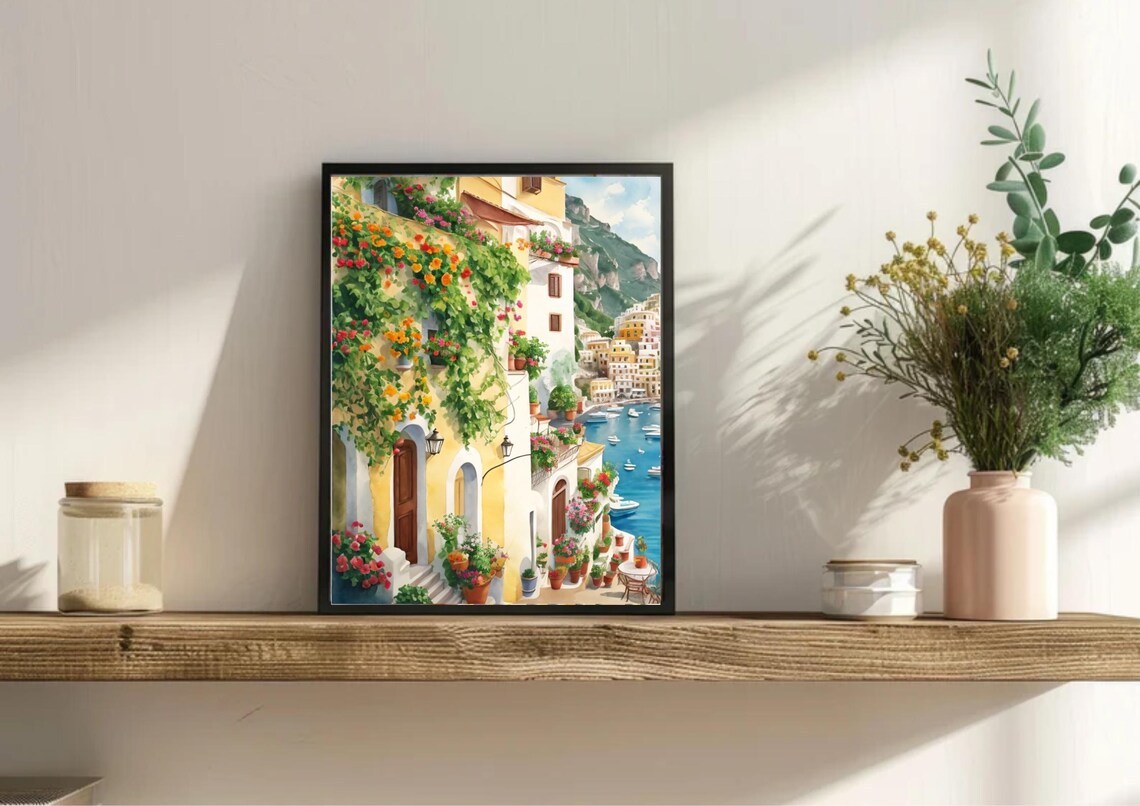 Positano Cityscape Watercolor Art Print, Amalfi Coast - Image 2