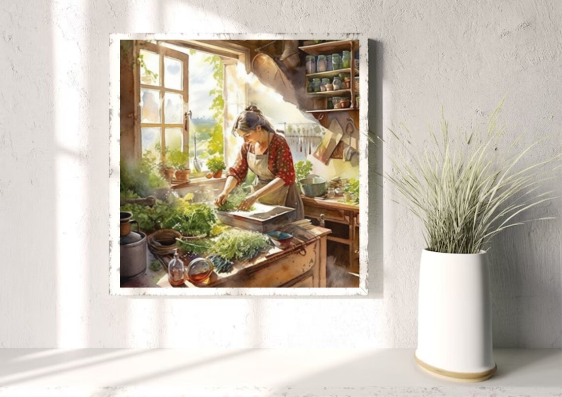 Woman Preparing Herbs in a Sunny Country Kitchen Watercolor Poster - Image 2