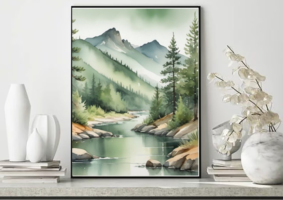 Mountain River Rocky Pine Banks Peaks Watercolor Nature Poster - Image 5