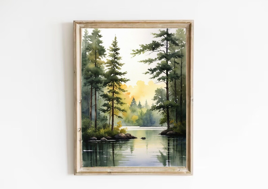 Soft Misty Pine Forest Lake Watercolor Morning Light Scene Poster - Image 3