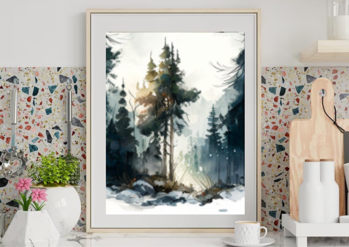 Tall Pines in Fog Sunlight Breaking Through Forest Watercolor Poster - Image 4