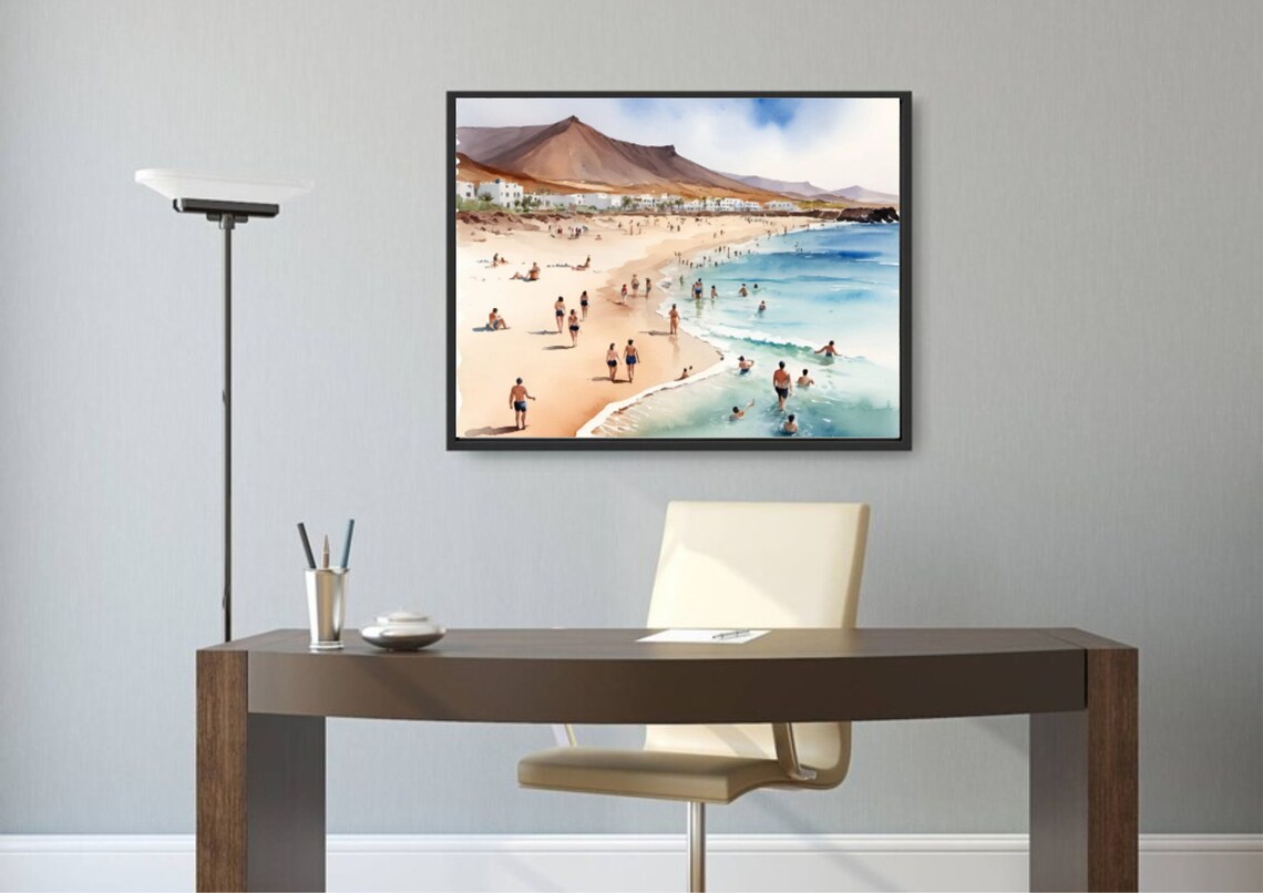 Fuerteventura Beach Bathers Volcanic Mountain Watercolor Poster - Image 3