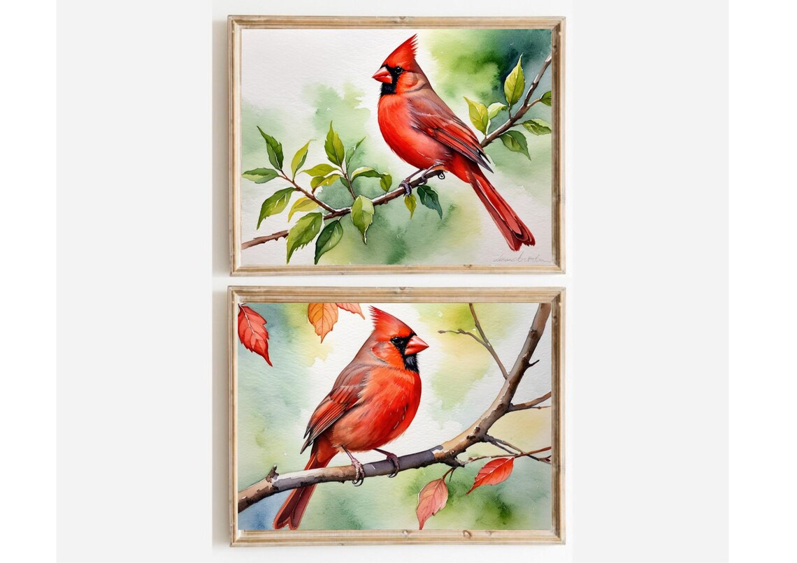 Red Cardinal Watercolor Art Print, Bird on Branch - Image 3