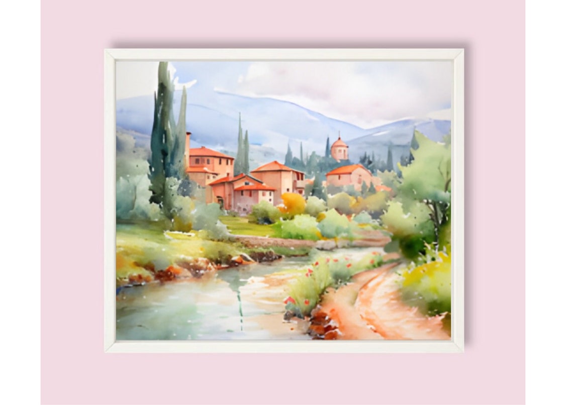 Italian Village Watercolor With Cypress Trees and a Stream Poster - Image 6