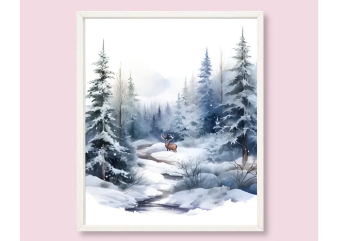 Deer Standing In Snowy Pine Forest By Icy Stream Watercolor Art Poster - Image 6