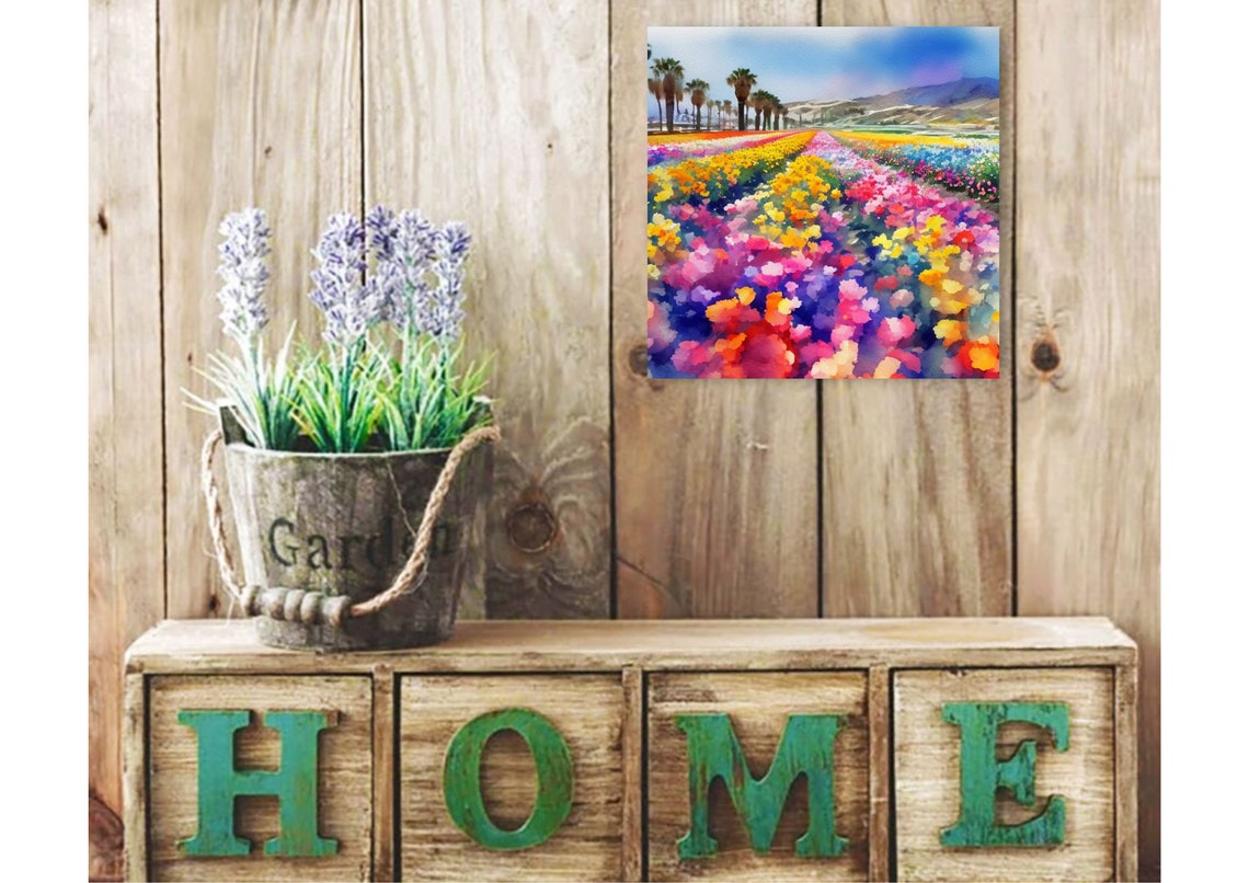 California Painting Carlsbad Flower Fields Watercolor Art Print California Spring Landscape Wall Art Field Of Flowers Landscape Art Poster - Image 4