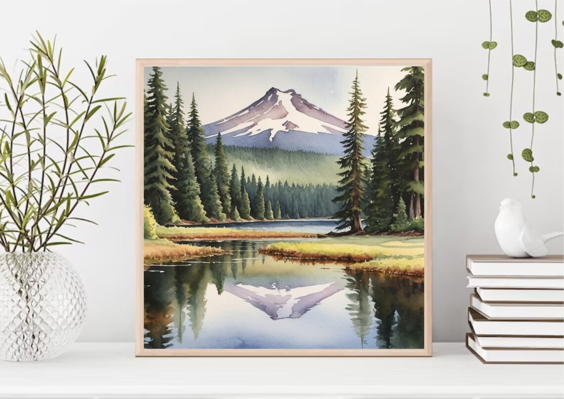 Snow Capped Peak Lake Reflection Evergreen Watercolor Poster - Image 4