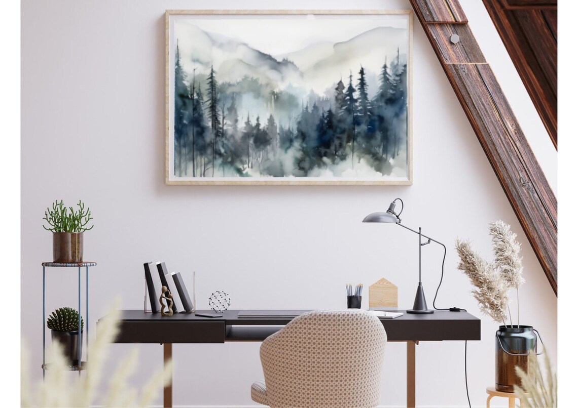 Foggy Pine Forest Soft Gray Blue Hushed Watercolor Landscape Poster - Image 2