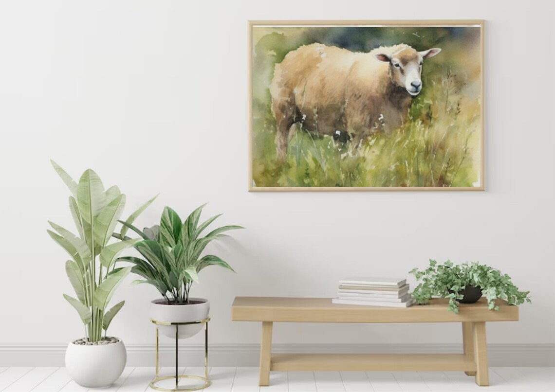 Sheep Watercolor Art Print, Farmhouse Meadow Scene - Image 3