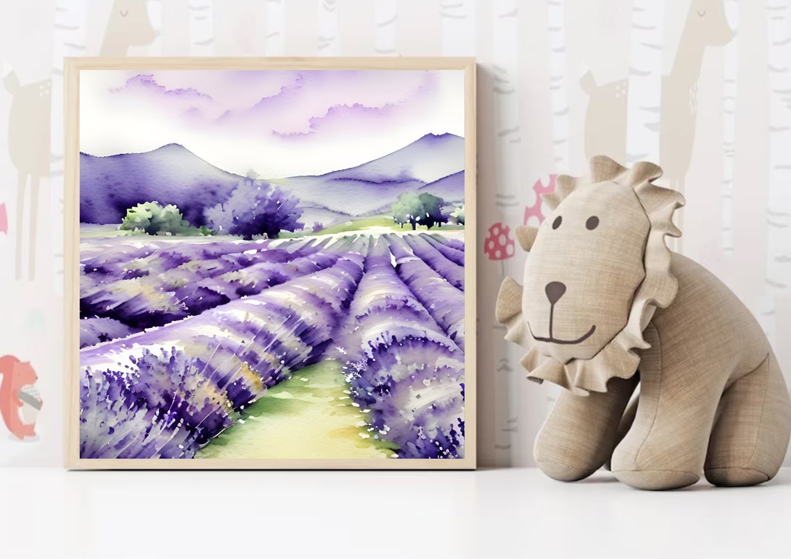 Lavender Field Watercolor Painting Print Provence Watercolor Foggy Meadow Art Print Field Of Flowers Wall Art Panoramic Landscape Large Art - Image 2