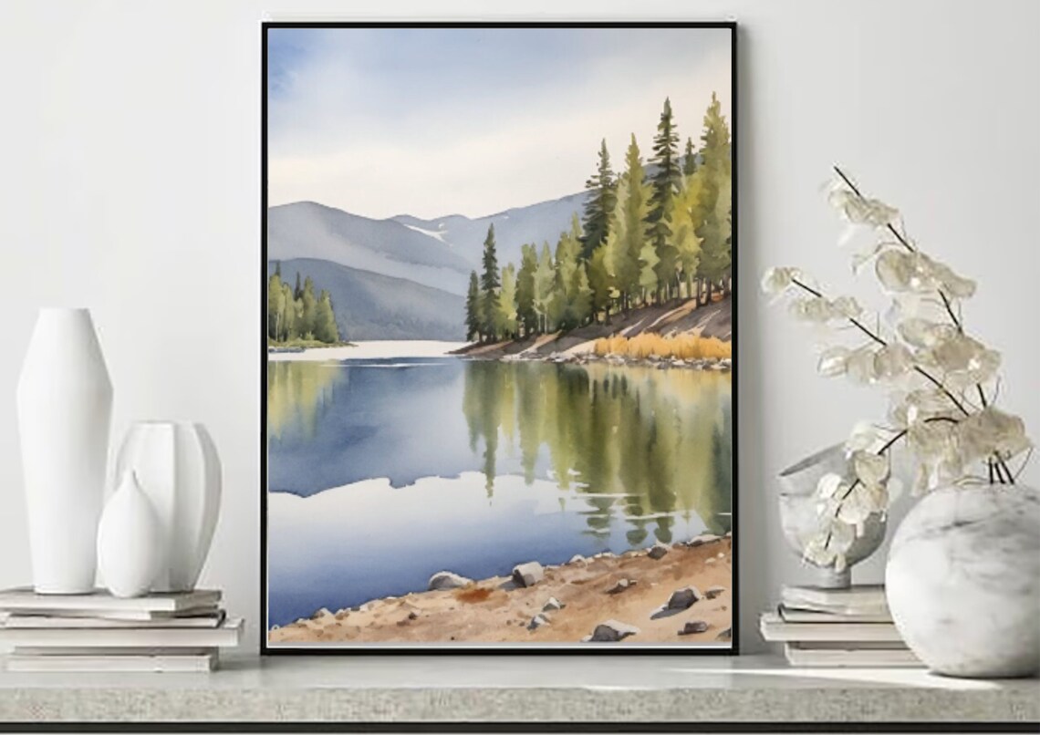 Mountain Lake Pine Forest Reflection Watercolor Idaho Landscape Poster - Image 3