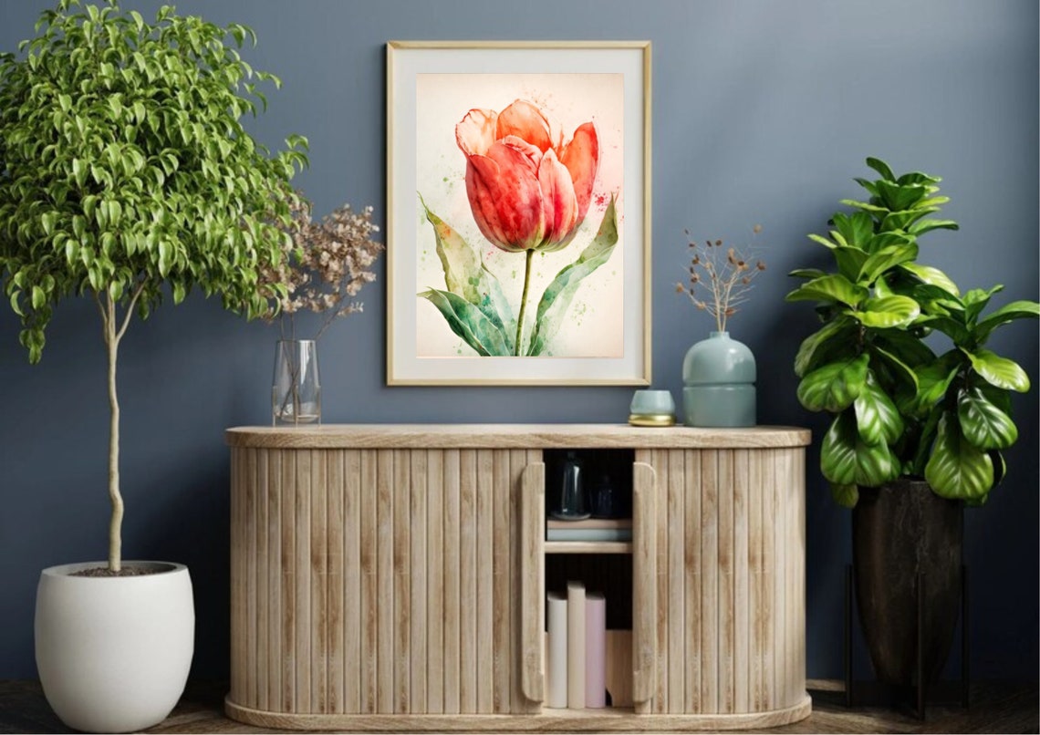 Single Red Tulip Slender Stem Minimalist Watercolor Botanical Poster - Image 2