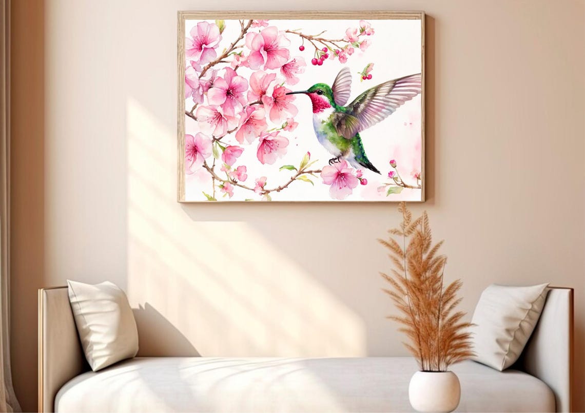 Ruby Throated Hummingbird With Pink Cherry Blossoms Watercolor Poster - Image 6