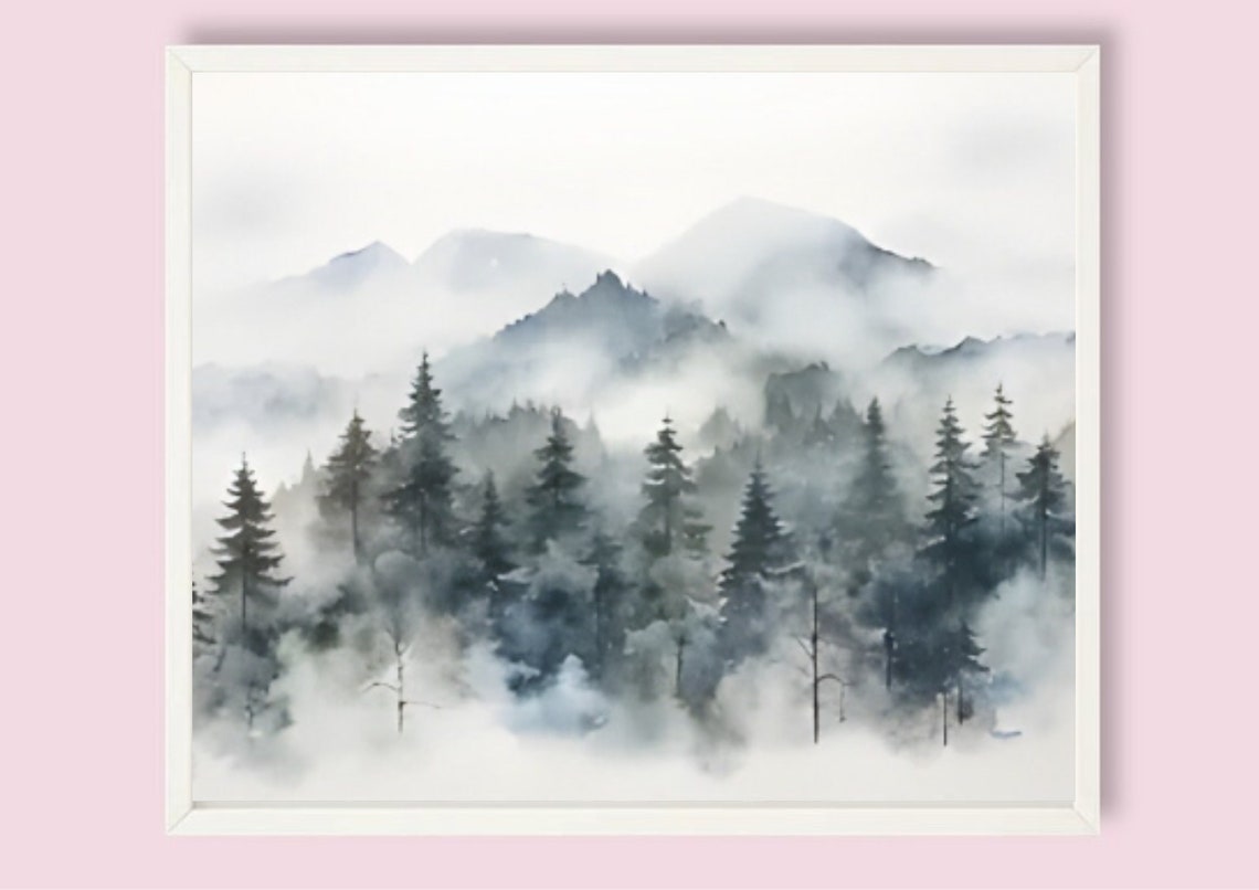 Foggy Evergreen Pine Forest Misty Gray Mountain Watercolor Poster - Image 6