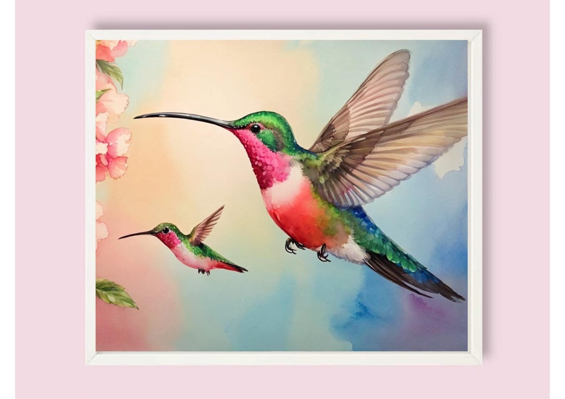 Hummingbirds And Flowers Painting Birds Watercolor Art Print Green Red Flying Birds Wall Art Blossomed Flowers Art Birds Lovers Gifts - Image 6