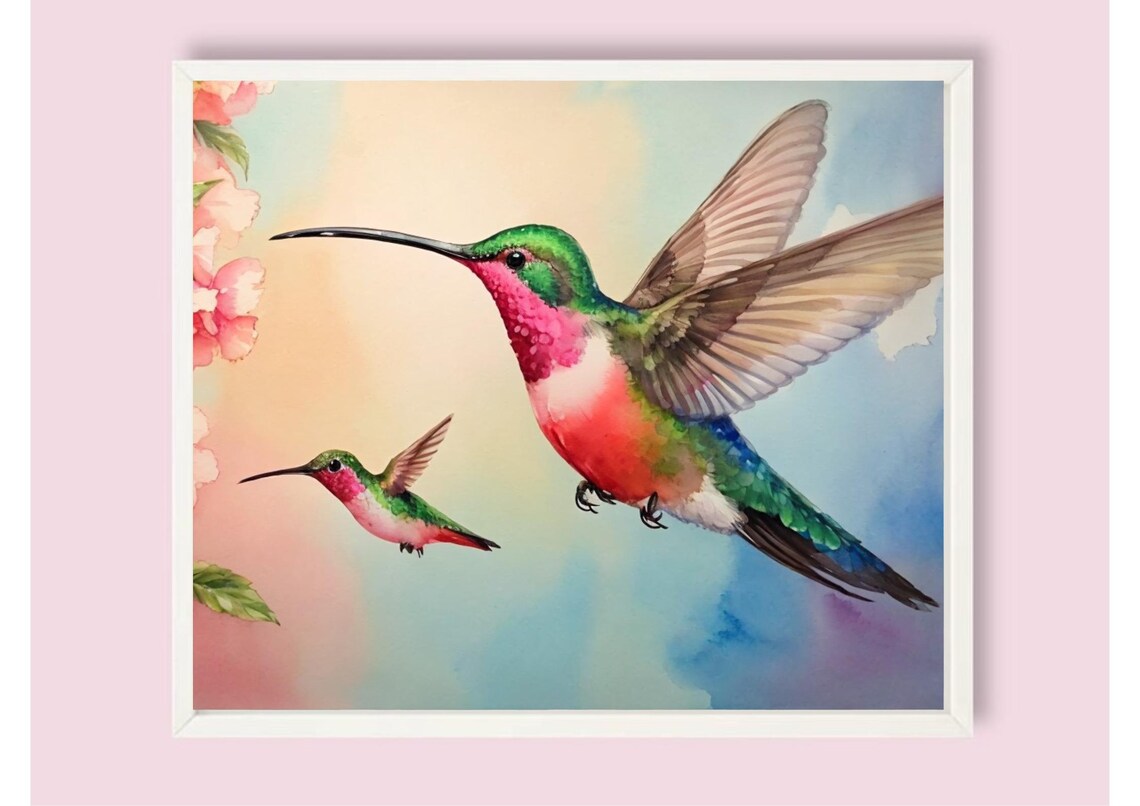 Two Hummingbirds In Flight Near Pink Blossoms Watercolor Poster - Image 6