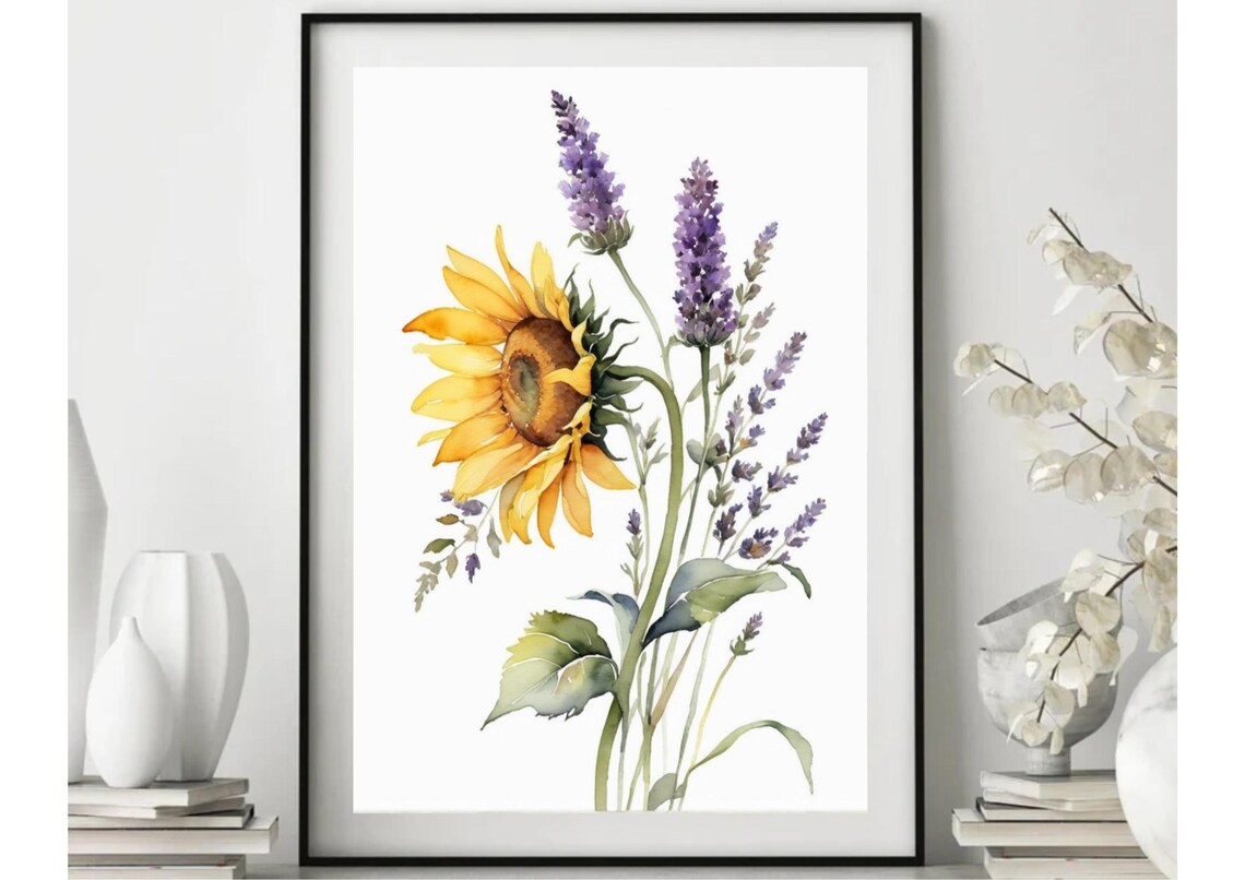 Sunflower With Lavender Sprigs Botanical Watercolor Floral Poster - Image 4